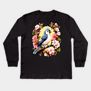 Cute Tufted Titmouse Surrounded by Vibrant Spring Flowers Kids Long Sleeve T-Shirt